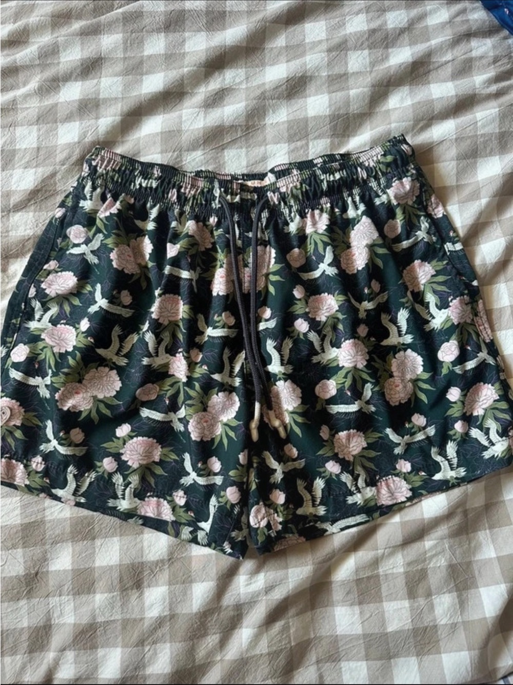 Men’s sunset x vine botanical crane print swim trunks swim shorts. Large